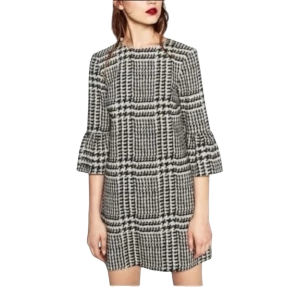 Zara Houndstooth Checkered Long Sleeve Dress‎ Small Balloon Sleeve